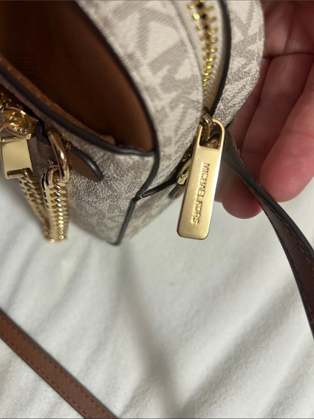 Michael Kors Beige Signature Crossbody with Acorn Trim and Gold Chain